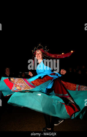 Oldham, UK. 16th Feb, 2018. A dancer takes part in entertainment at illuminate, Oldham, 16th February, 2018 (C)Barbara Cook/Alamy Live News Stock Photo