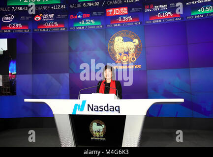 New York, USA. 16th Feb, 2018. Zhang Qiyue, Chinese Consul General in New York, delivers a speech before the opening bell ringing ceremony at Nasdaq Stock Exchange in New York, the United States, Feb. 16, 2018. The New York-based Nasdaq stock exchange marked the Chinese Lunar New Year on Friday with a special bell ringing ceremony to kick off the day's trading. Credit: Wang Ying/Xinhua/Alamy Live News Stock Photo