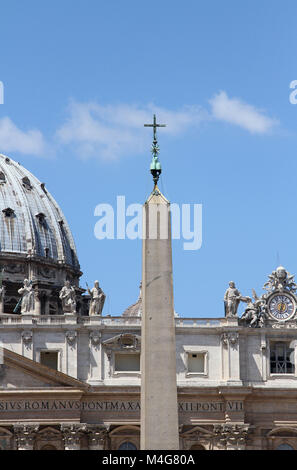 Front view close-up of the St. Peter's Obelisk in front of St. Peter's Basilica, Vatican City, Rome, Italy. Stock Photo