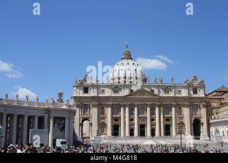 Front view of the Papal Basilica of St. Peter in the Vatican (AKA St. Peter's Basilica), Vatican City, Rome, Italy. Stock Photo