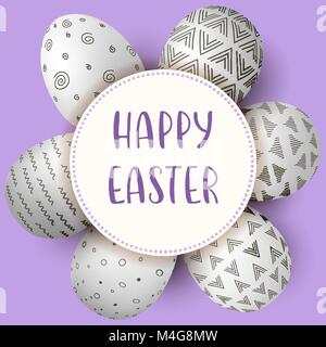 Happy Easter eggs with text. White eggs with monochrome simple decoration on purple background around circle badge. Abstract ornaments. stripes, patte Stock Vector