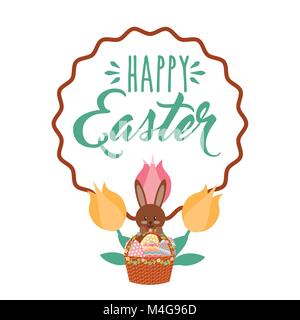 brown rabbit with basket eggs flowers vintage frame happy easter Stock Vector