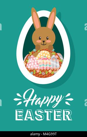 happy easter card rabbit with basket eggs oval frame Stock Vector