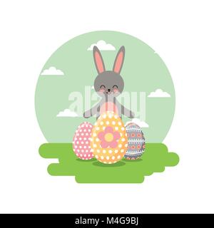 cute gray rabbit and decorative eggs in landscape field Stock Vector