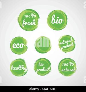 Set of green grunge bubbles, stickers, labels, tags with text. 100% nfresh, 100% natural, bio, eco, natural product, healthy Stock Vector