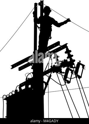 Editable vector silhouette of a utility worker at the top of an electricity pole Stock Vector