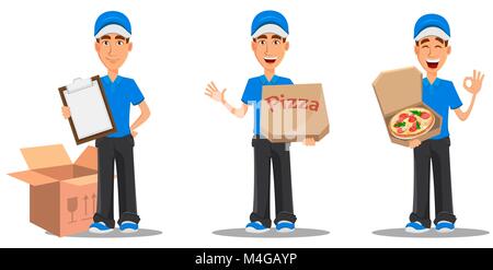 Set of smiling delivery man in blue uniform holding clipboard, holding closed pizza box and holding opened pizza box. Vector illustration on white bac Stock Vector