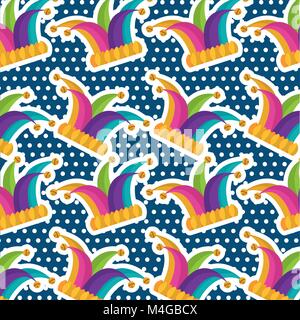 multicolor jester hat bells dots blue background Stock Vector
