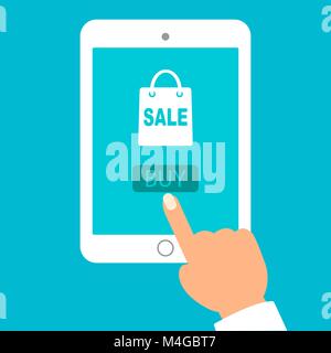 Hand held computer gadget. Online shopping. Flat style vector Stock Vector