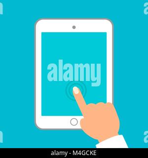 Hands holding tablet and pointing on the blank screen, colorful, graphic design, vector illustration, using digital tablet, background elements Stock Vector