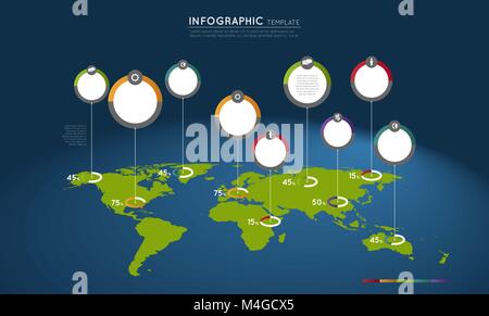 world map with colorful circles and pointers, infographic template Stock Vector