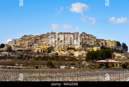 a panoramic view of Horta de Sant Joan, Spain, sprinkled by the snow Stock Photo