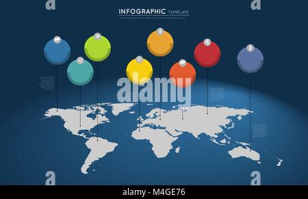 world map with colorful circles and pointers, infographic template Stock Vector