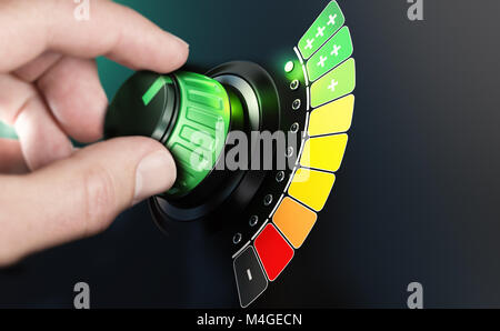 Hand turning a knob with efficiency scale from black and red to green color. Composite image between a hand photography and a 3D background. Stock Photo