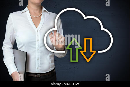 Cloud concept touchscreen is shown by businesswoman. Stock Photo