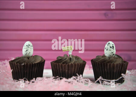 Easter time chocolate cupcakes with egg decorations on top and Easter text or words Stock Photo