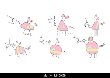 Herd of Pink Unicorns - Doodle Vector Illustration Stock Vector