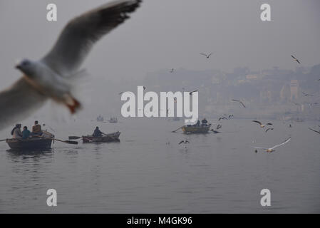 Early morning scene with birds and boats, in Varanasi Stock Photo