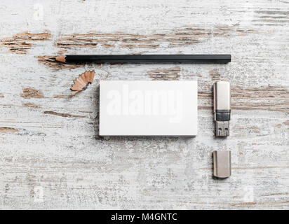 Business cards, pencil, usb flash Stock Photo