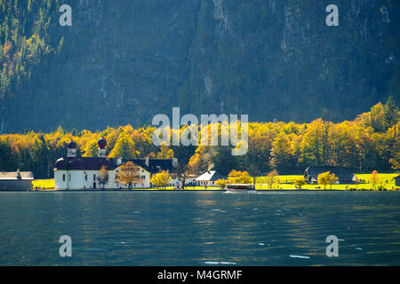 Lake Konigssee with world famous St Bartholomae in Berchtesgaden National Park, Bavaria, Germany Stock Photo