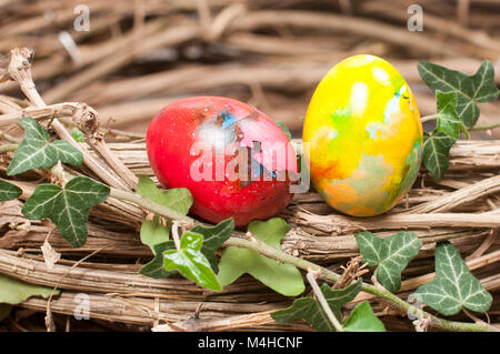Two Easter hen eggs in a natural nest Stock Photo