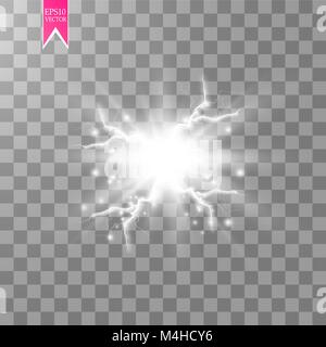 White abstract energy shock explosion special light effect with spark. Vector glow power lightning cluster. Electric discharge on transparent background. High voltage charged core Stock Vector