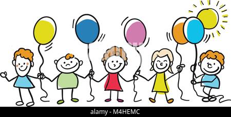 Happy kids with balloons together. Hand-drawn sketched doodles in beautiful outfits and costumes. Modern vector illustration isolated in cartoon style Stock Vector