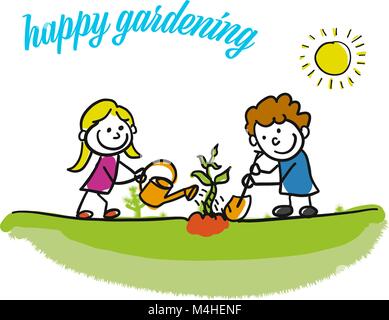 Happy gardening stickman kids. Hand-drawn sketches doodles in beautiful outfits and costumes. Modern vector illustration isolated in cartoon style. Stock Vector