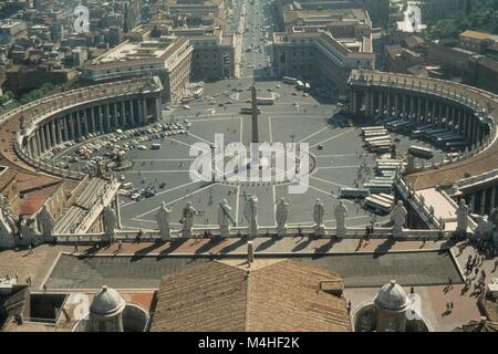 View from the dome of the St. Peter's Basilica on St. Peter's Square and the bordering Bernini colonnades in Rome.