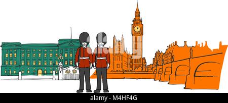 London royal palace and big ben sketch. Hand-drawn sketches in beautiful outlines and colors. Modern vector illustration. Stock Vector