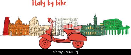 Italy famous travel icons with scooter. Hand-drawn sketches in beautiful outlines and colors. Modern vector illustration. Stock Vector