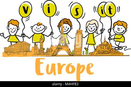 Visit Europe Banner with famous landmarks. Hand-drawn sketches in beautiful outlines and colors. Modern vector illustration. Stock Vector