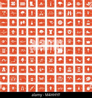 100 spring icons set grunge orange Stock Vector