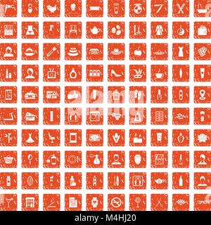 100 beauty salon icons set grunge orange Stock Vector