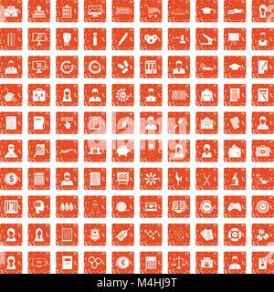 100 statistic data icons set grunge orange Stock Vector