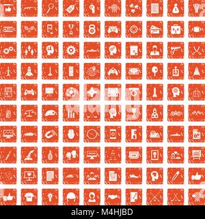 100 strategy icons set grunge orange Stock Vector