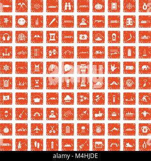 100 adventure icons set grunge orange Stock Vector