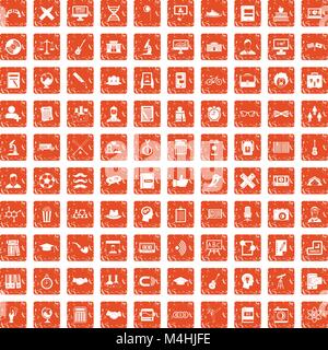 100 student icons set grunge orange Stock Vector