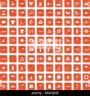 100 summer icons set grunge orange Stock Vector
