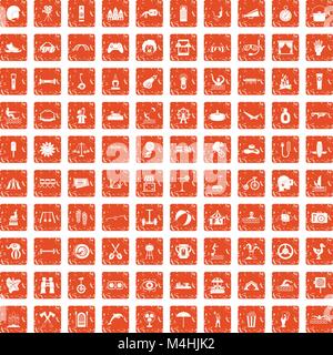 100 summer vacation icons set grunge orange Stock Vector