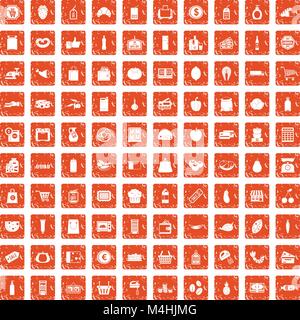 100 supermarket icons set grunge orange Stock Vector