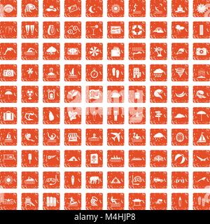 100 surfing icons set grunge orange Stock Vector