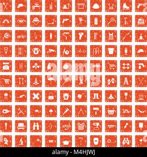 100 tackle icons set grunge orange Stock Vector