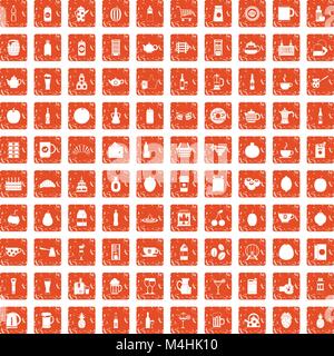 100 beverage icons set grunge orange Stock Vector