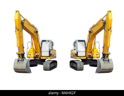 two excavators isolated on the white background Stock Photo