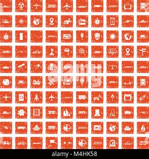 100 technology icons set grunge orange Stock Vector