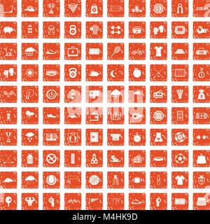 100 tennis icons set grunge orange Stock Vector