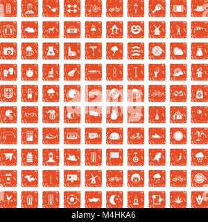 100 bicycle icons set grunge orange Stock Vector