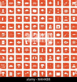 100 thunderstorm icons set grunge orange Stock Vector