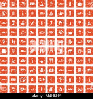 100 tourism icons set grunge orange Stock Vector